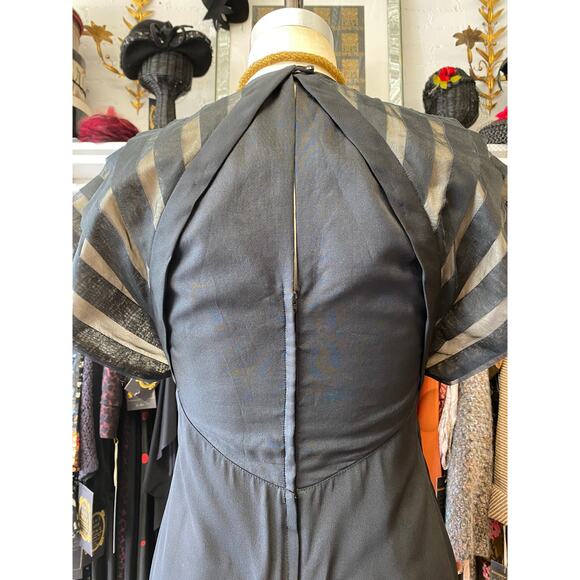 vintage 1970s black rayon dress with striped sleeves medium 1930s style art deco - Picture 10 of 10